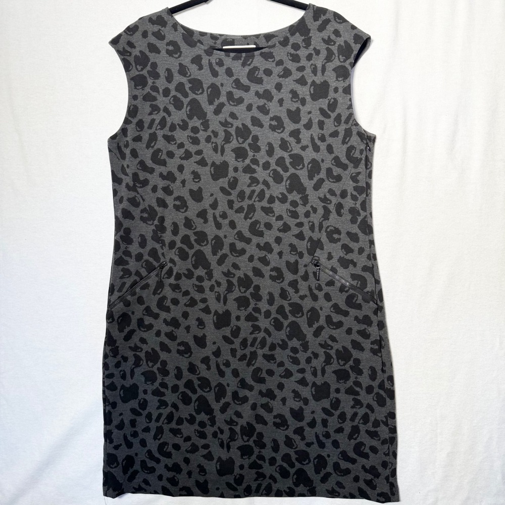 Michael Kors Womens XL Grey Black Leopard Print Sleeveless Shift Dress Pockets